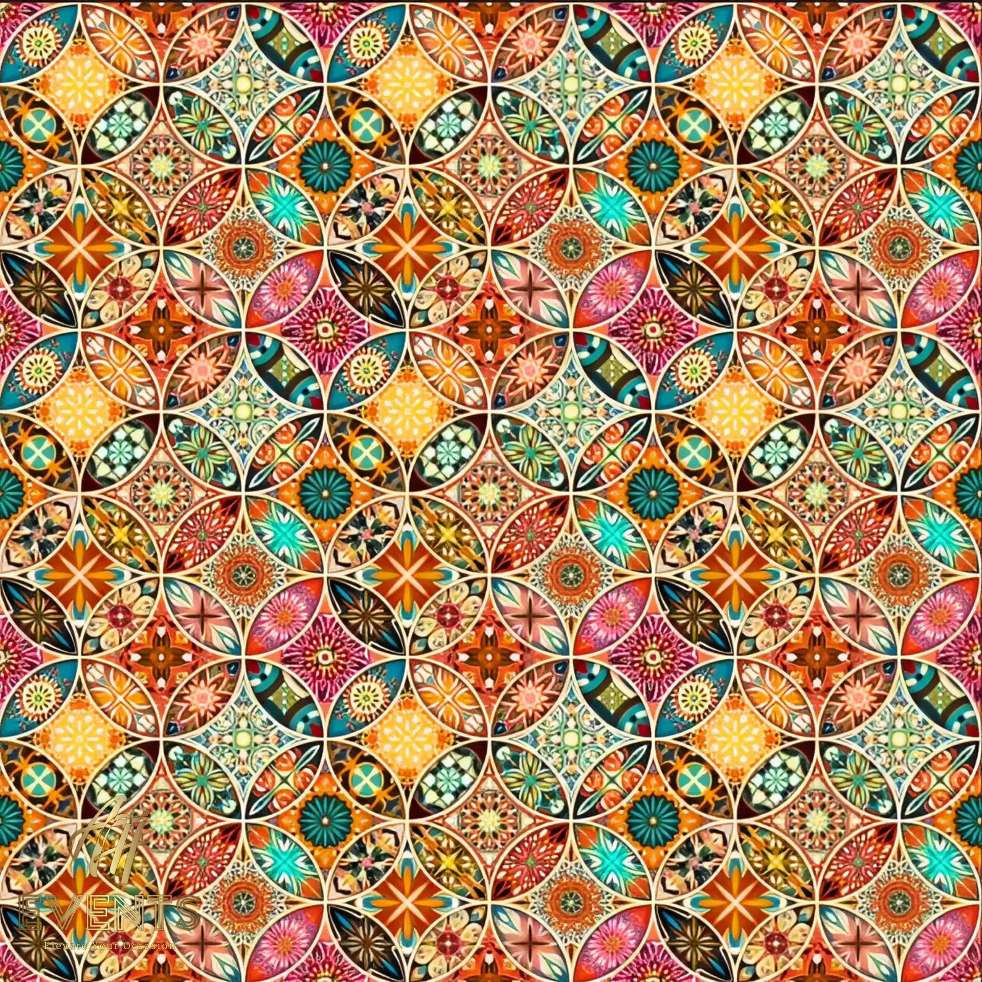 The Kaleidoscope floor design — a dense pattern of overlapping circles filled with colorful geometric mandala motifs