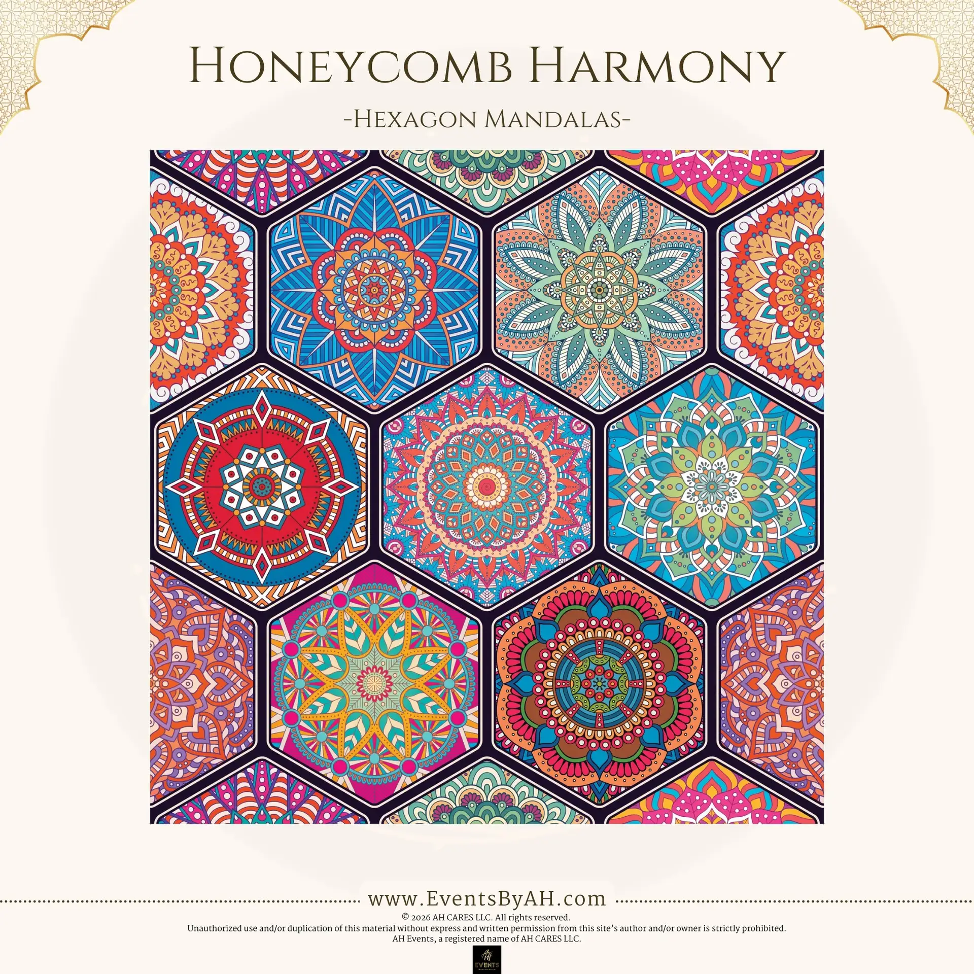 Honeycomb Harmony design sample — colorful hexagonal mandala tiles shown on an AH Events flex vinyl pattern card