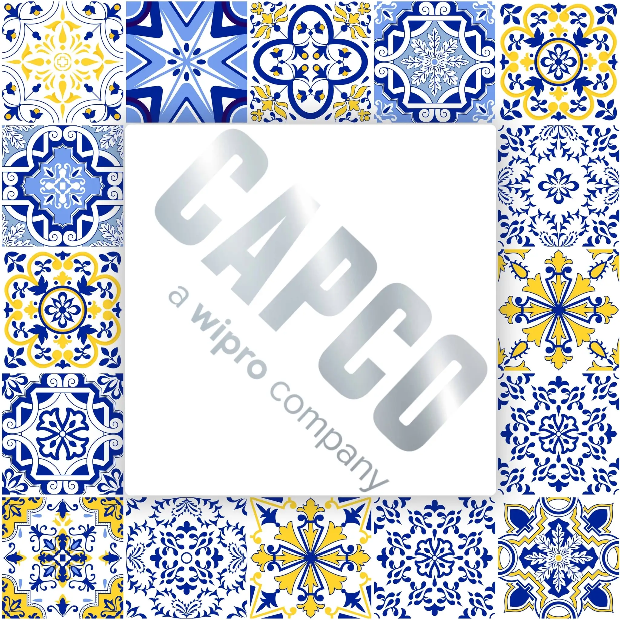 CAPCO dance floor design — a blue-and-yellow Portuguese-tile border framing the 'CAPCO, a Wipro company' logo on white