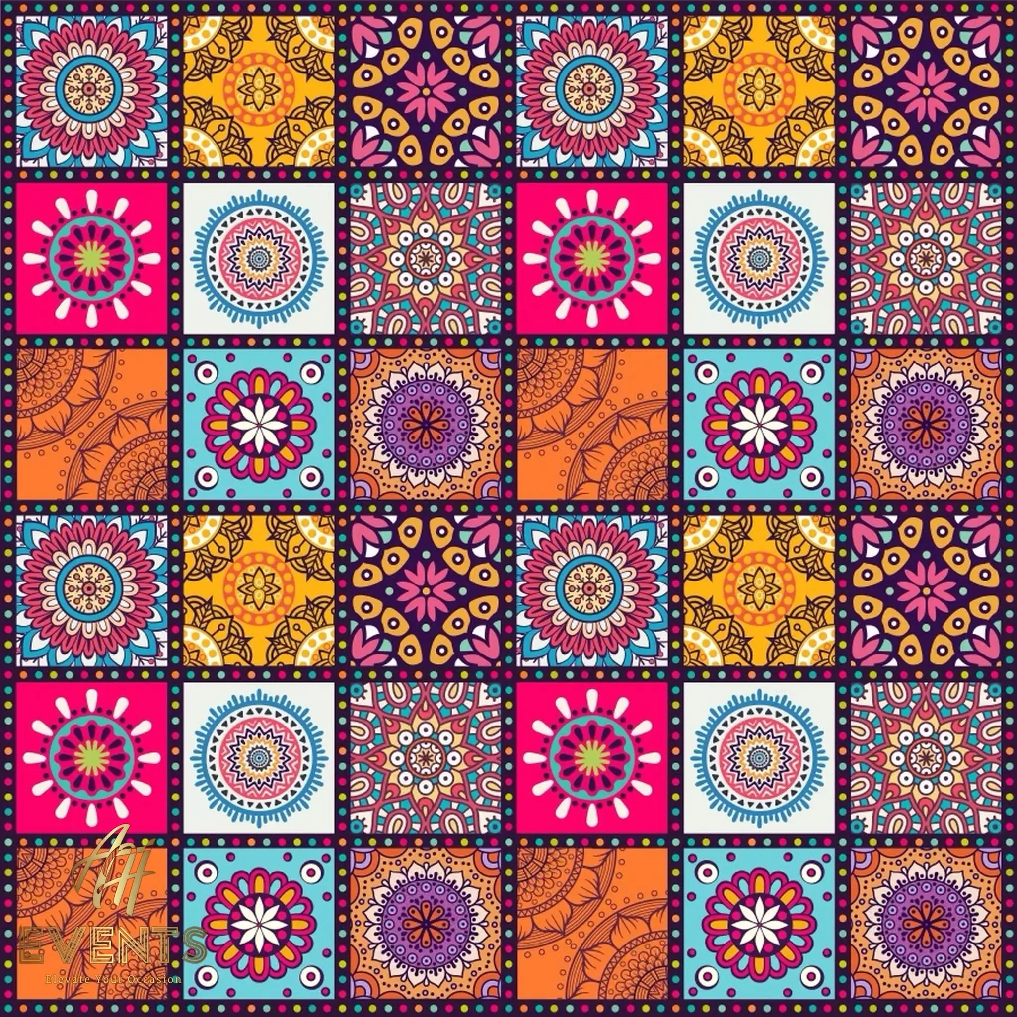 Mandala-tiled vinyl design — a grid of colorful square mandala tiles in pink, orange and blue