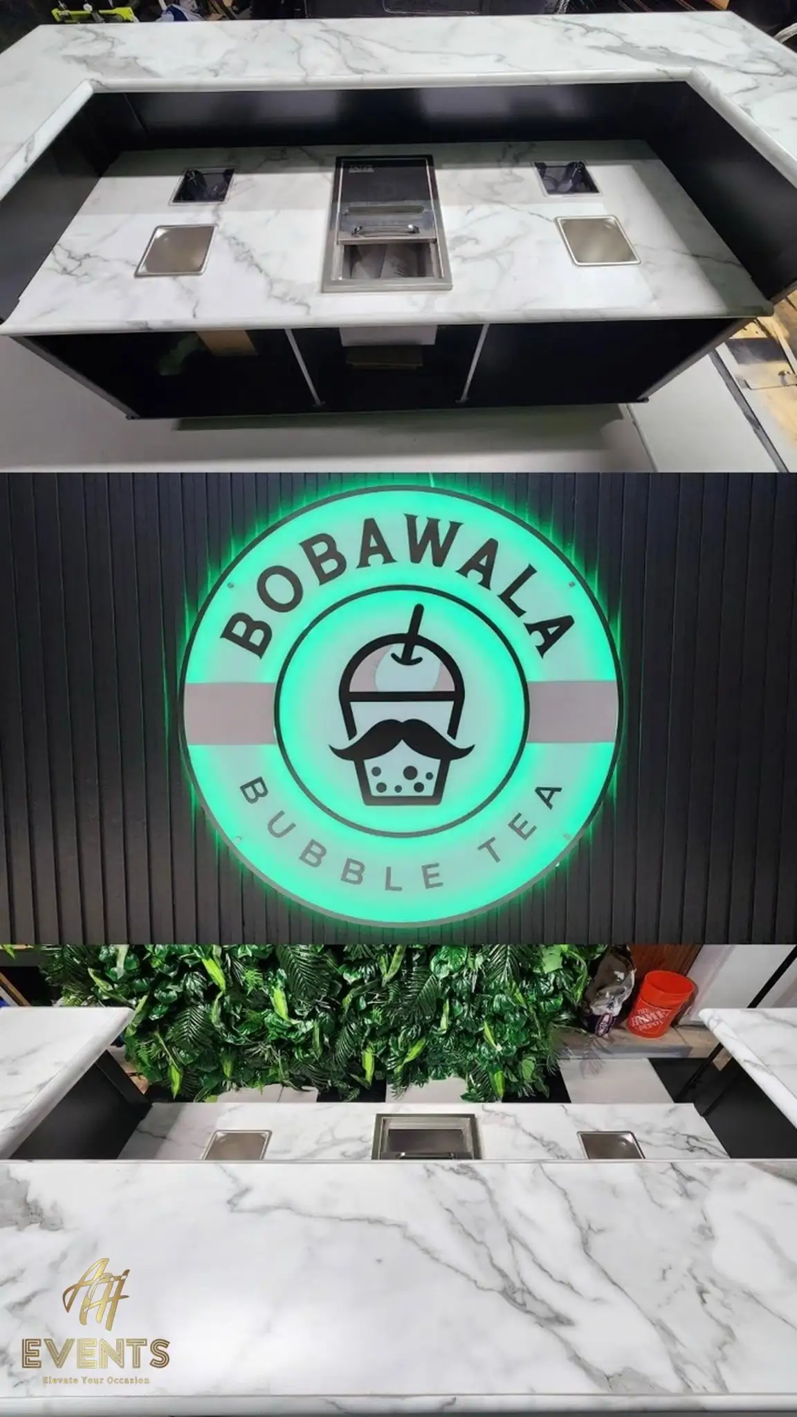 Composite of the Bobawala bubble tea cart — the marble countertop with stainless insets and the green-lit Bobawala Bubble Tea logo