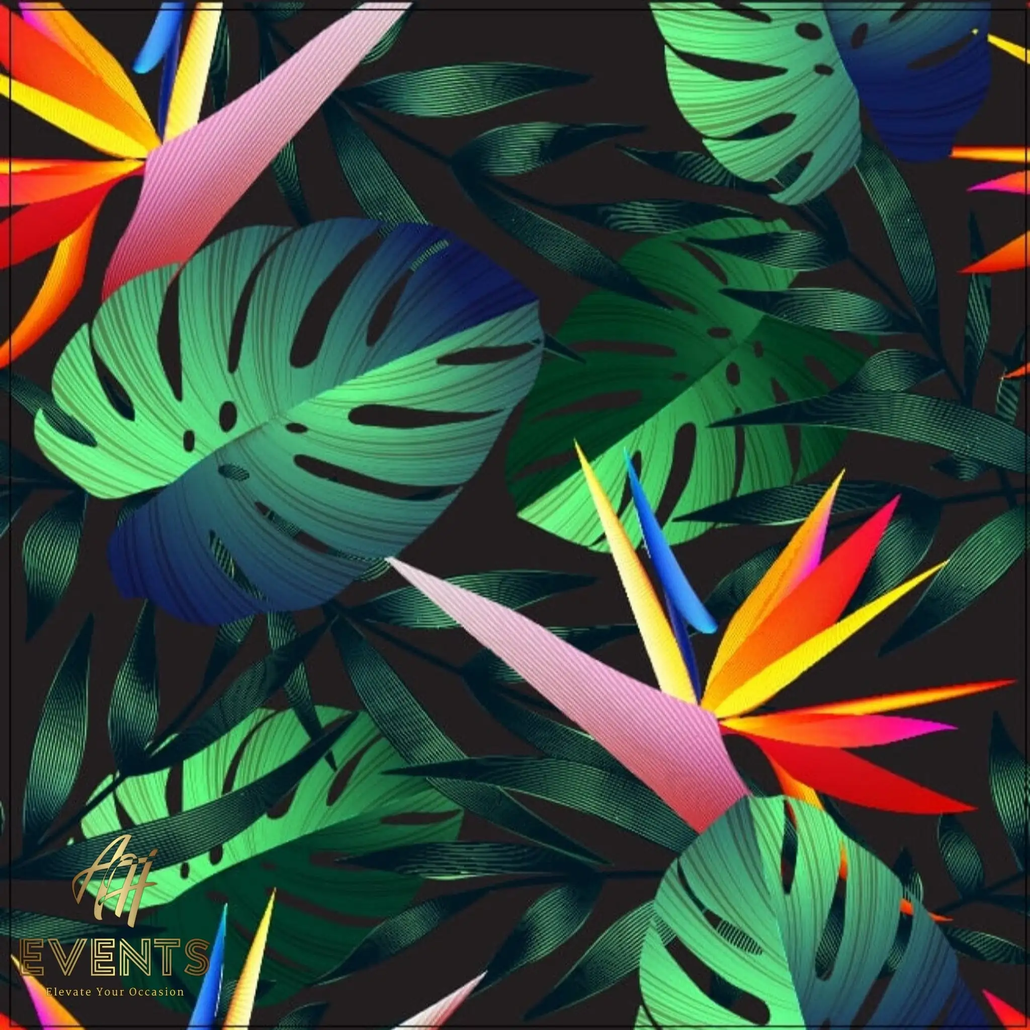 Leaf Art vinyl design — tropical monstera leaves and bird-of-paradise blooms in green, blue and orange on black