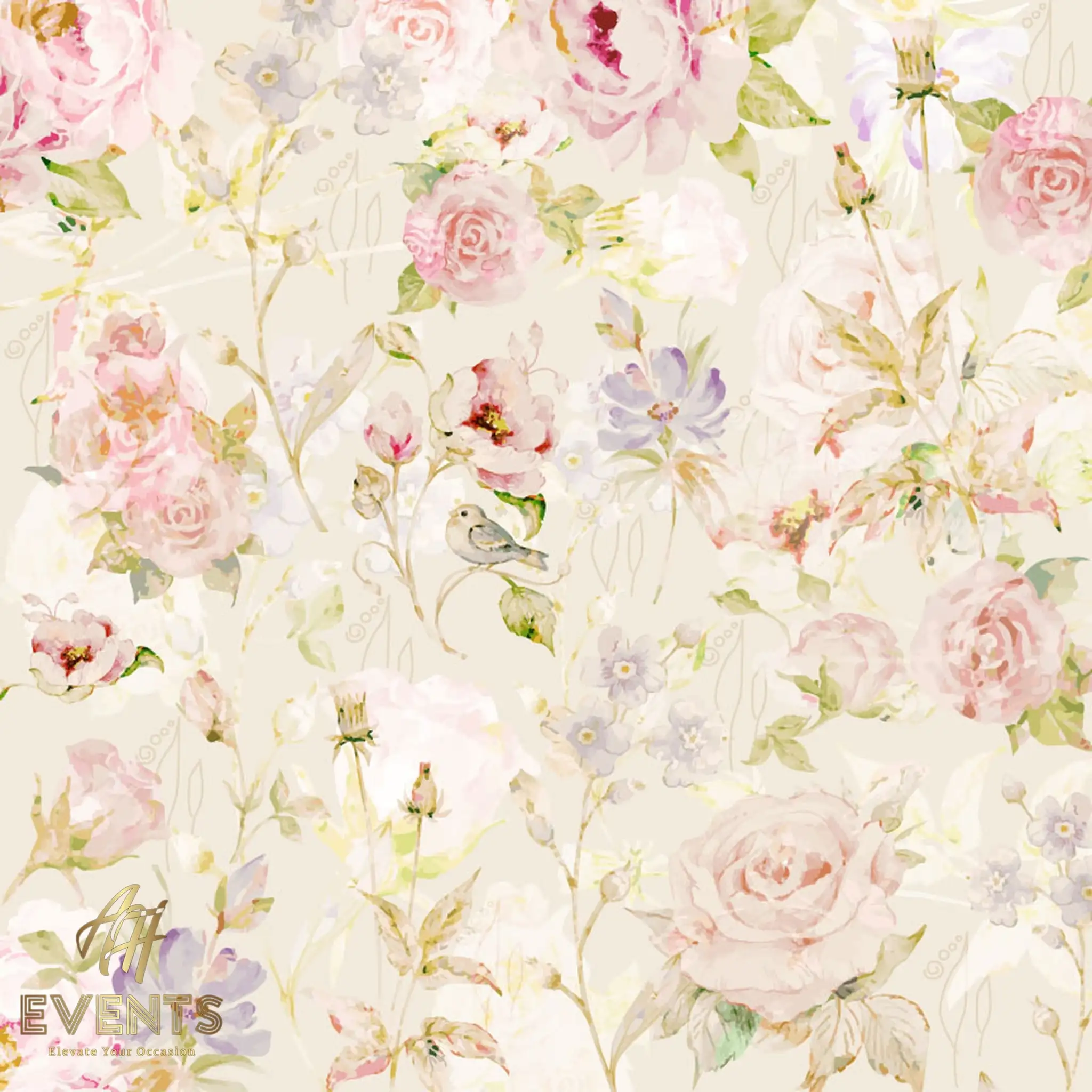Pastel Floral vinyl design — watercolor roses and pastel blooms with a small bird on a cream ground