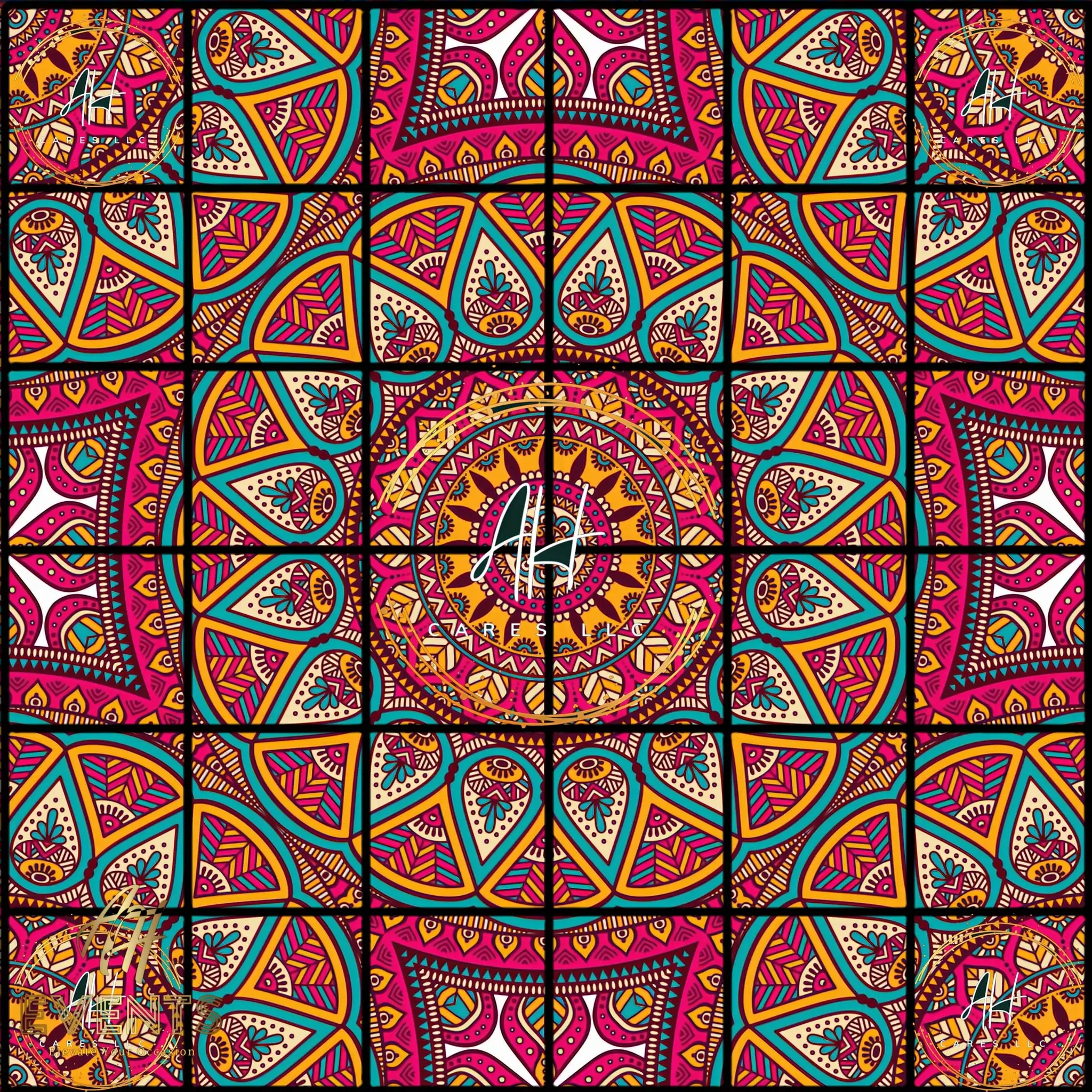 The Mandala floor decal artwork — an intricate pink, teal and gold geometric mandala print
