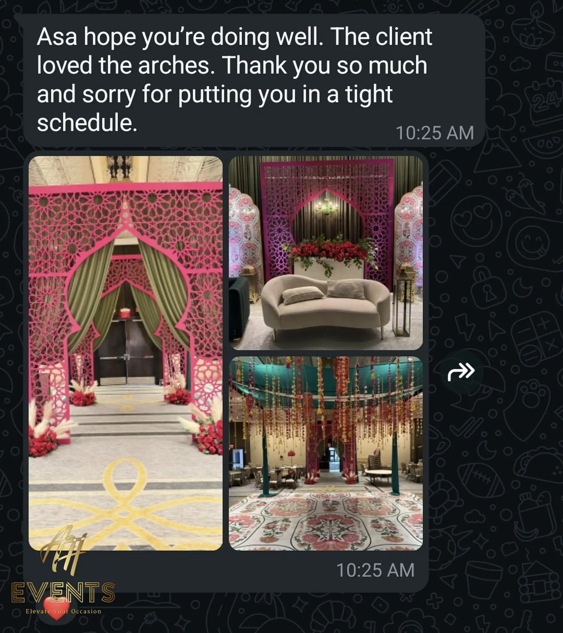 Client text message thanking AH for the arches, with photos of the pink matrix arches installed at a wedding