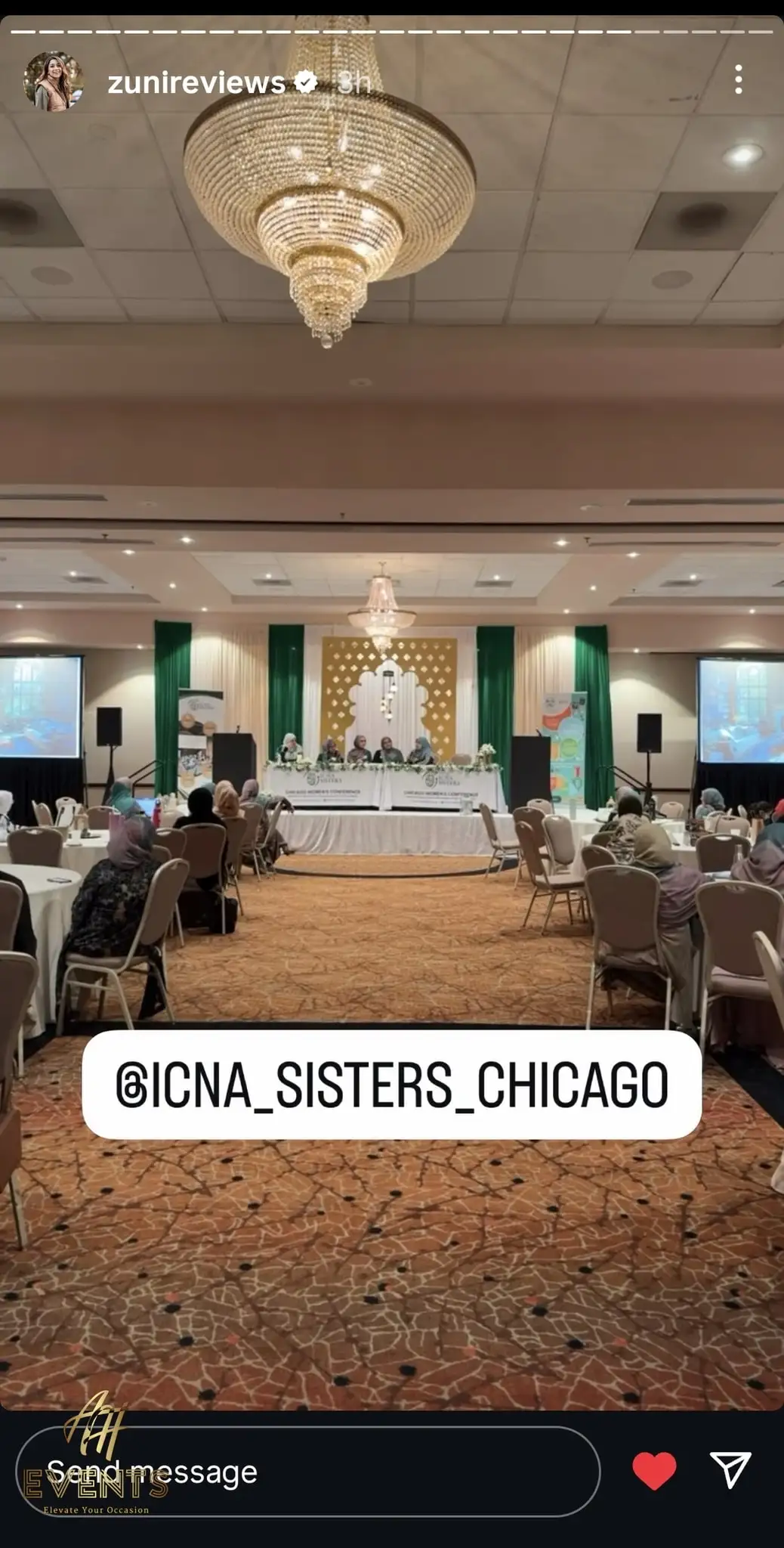 Instagram story of a women's conference with the gold lattice backdrop and green drapes, captioned ICNA Sisters Chicago