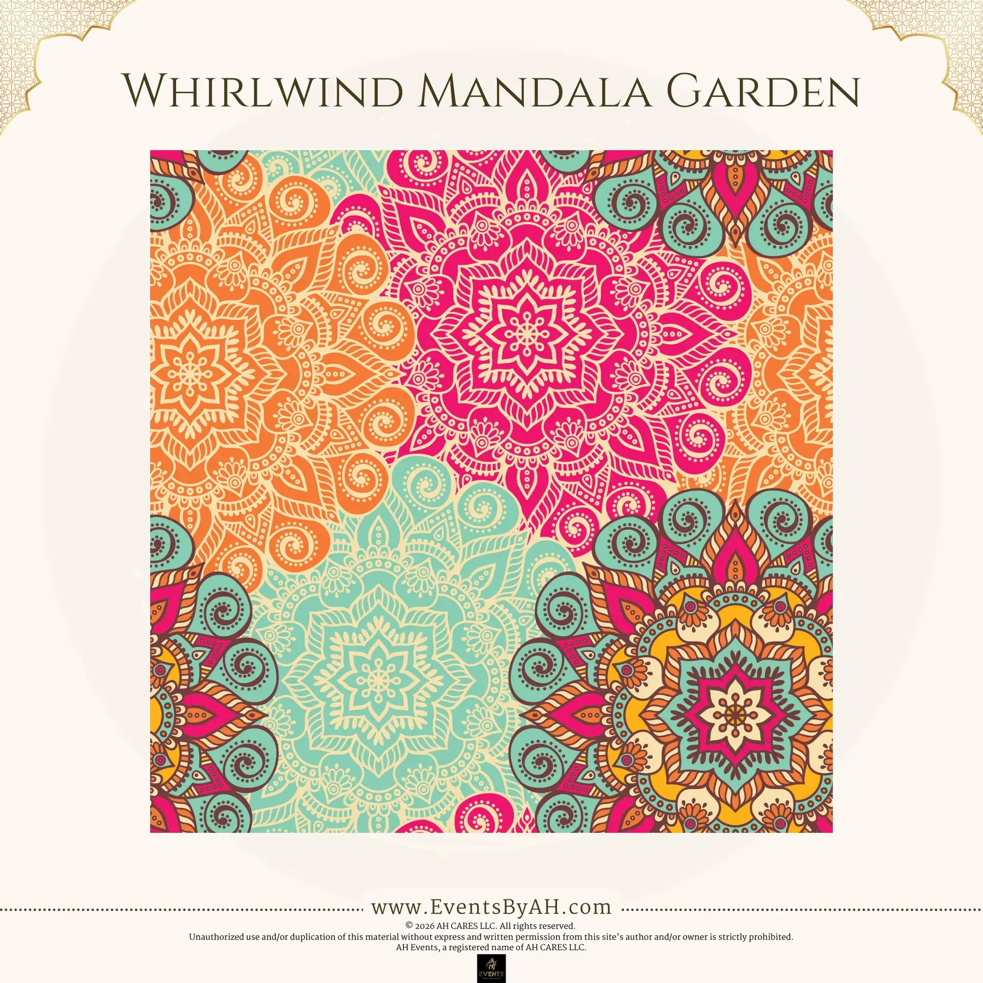 'Whirlwind Mandala Garden' vinyl floor print — large overlapping mandalas in coral, orange, teal, and gold on a cream ground.
