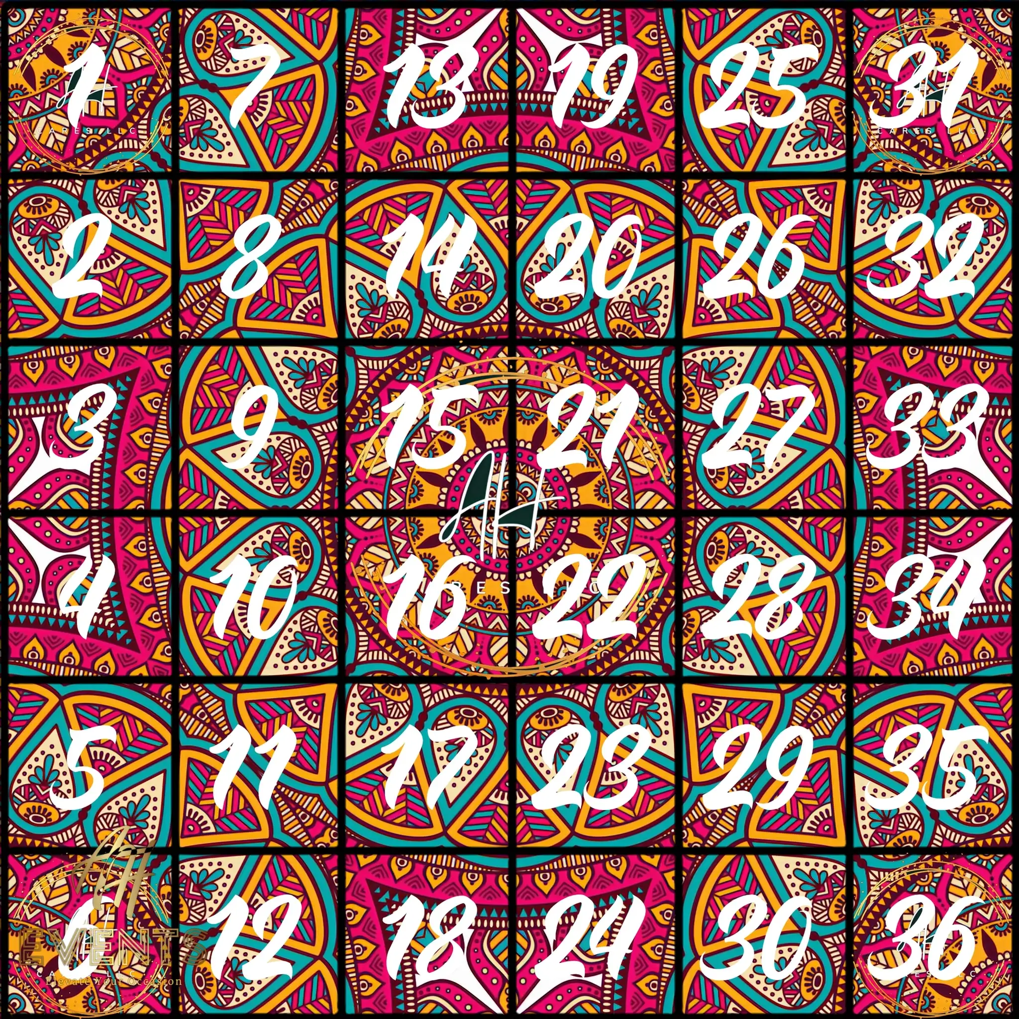 Mandala floor decal panels labeled with installation grid numbers for assembly