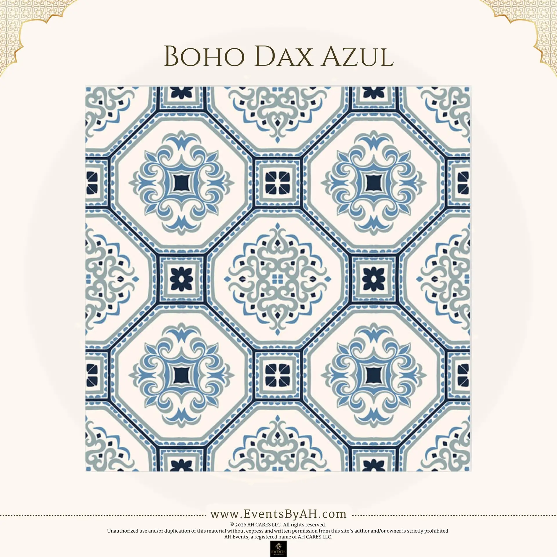 'Boho Dax Azul' vinyl floor print — a blue-and-white Mediterranean tile pattern of octagonal medallions.