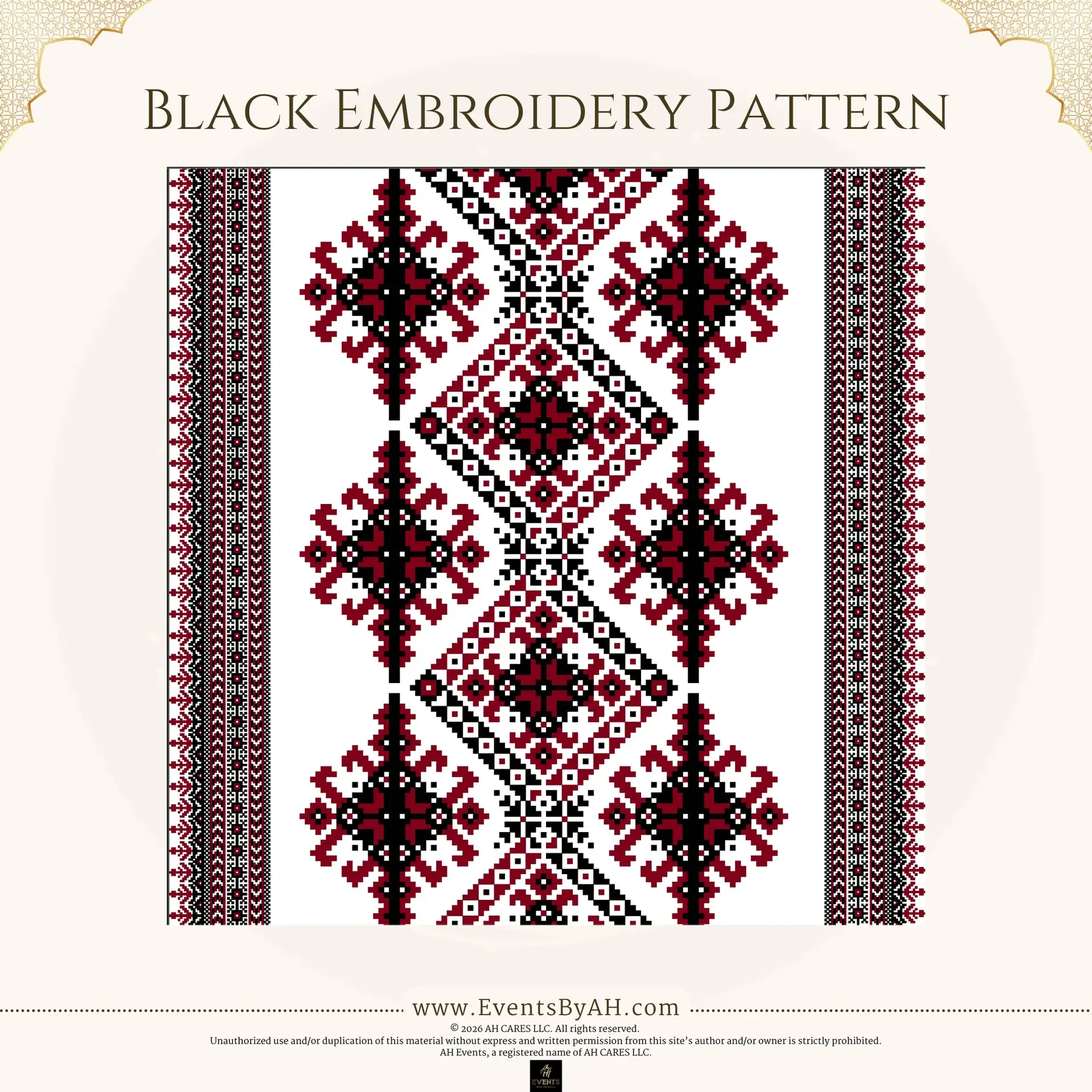 'Black Embroidery Pattern' vinyl floor print — red, black, and white folk cross-stitch geometry in vertical bands.