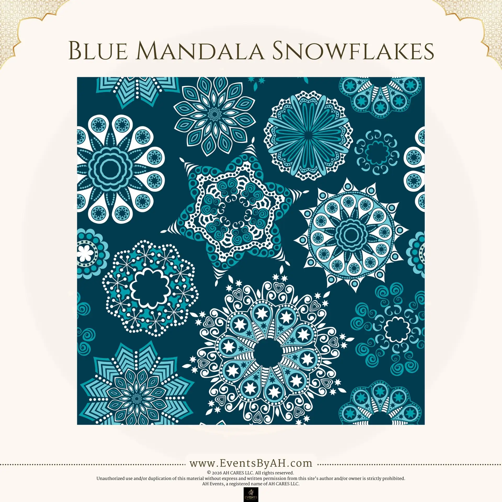 'Blue Mandala Snowflakes' vinyl floor print — white and pale-blue snowflake mandalas scattered on a deep teal ground.