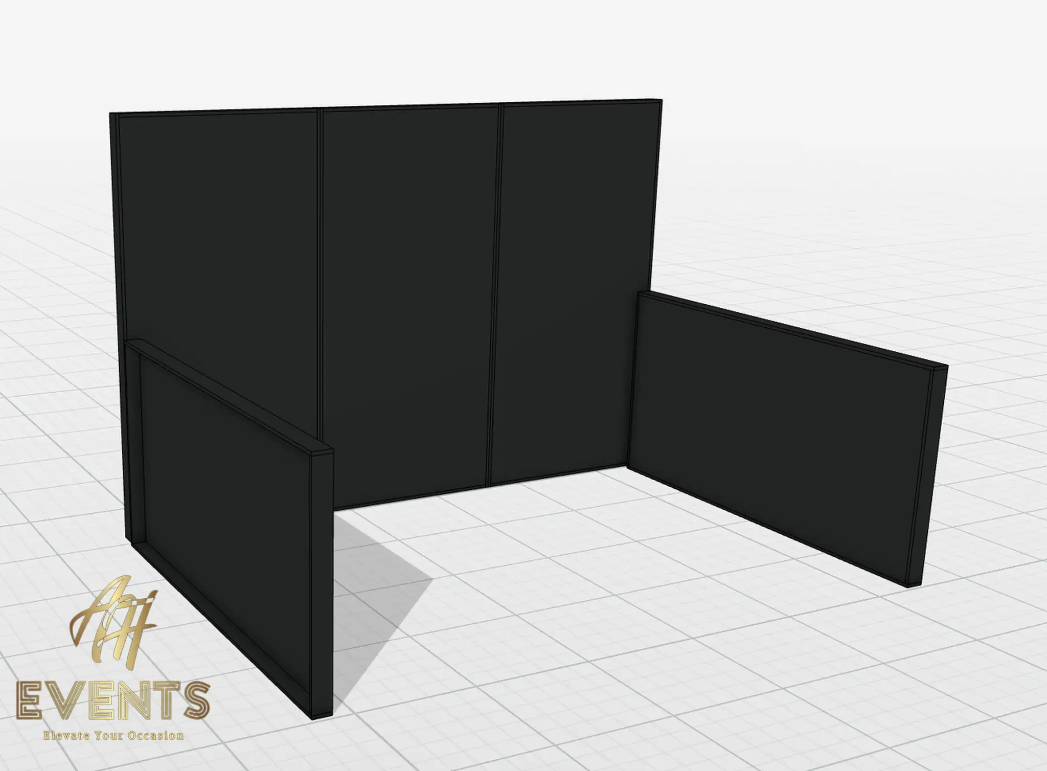 3D design render of the Made by Modesty booth structure — black wall panels with a low counter on a grid floor