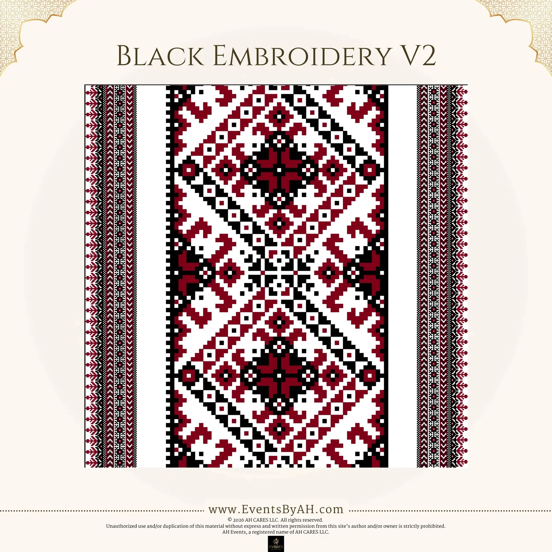 'Black Embroidery V2' vinyl floor print — a red, black, and white folk cross-stitch pattern with diamond medallions and patterned borders.