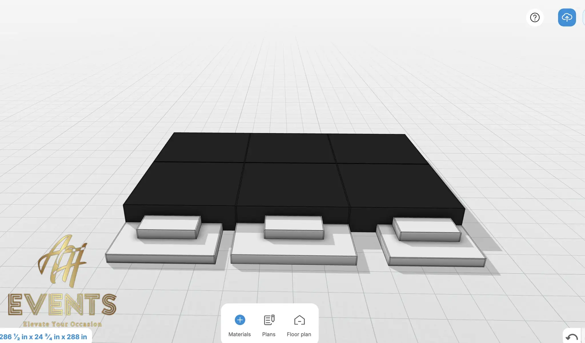3D CAD render of a multi-tier stage layout — a large black raised platform with three white stepped landings in front