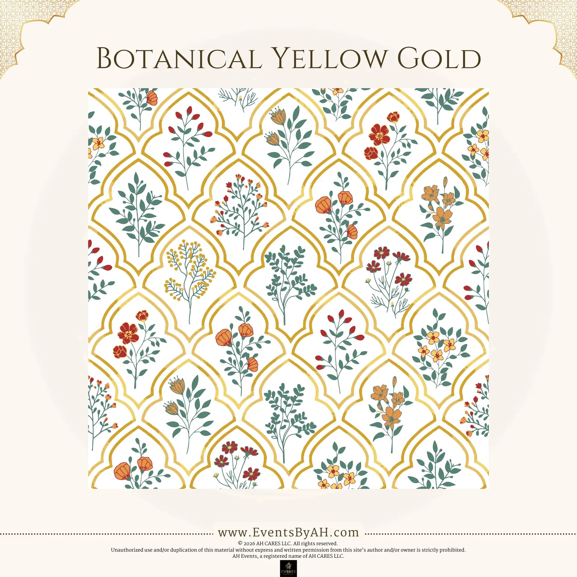 'Botanical Yellow Gold' vinyl floor print — a gold ogee lattice over a white ground with delicate botanical sprigs and small flowers.