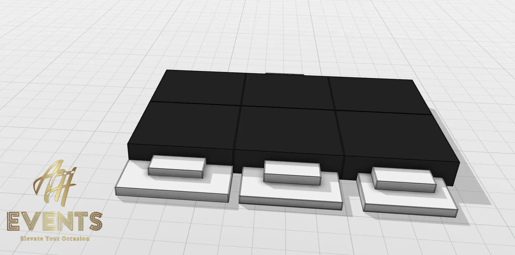 Angled 3D CAD render of the tiered stage — a black platform with three white step landings, dimensions noted