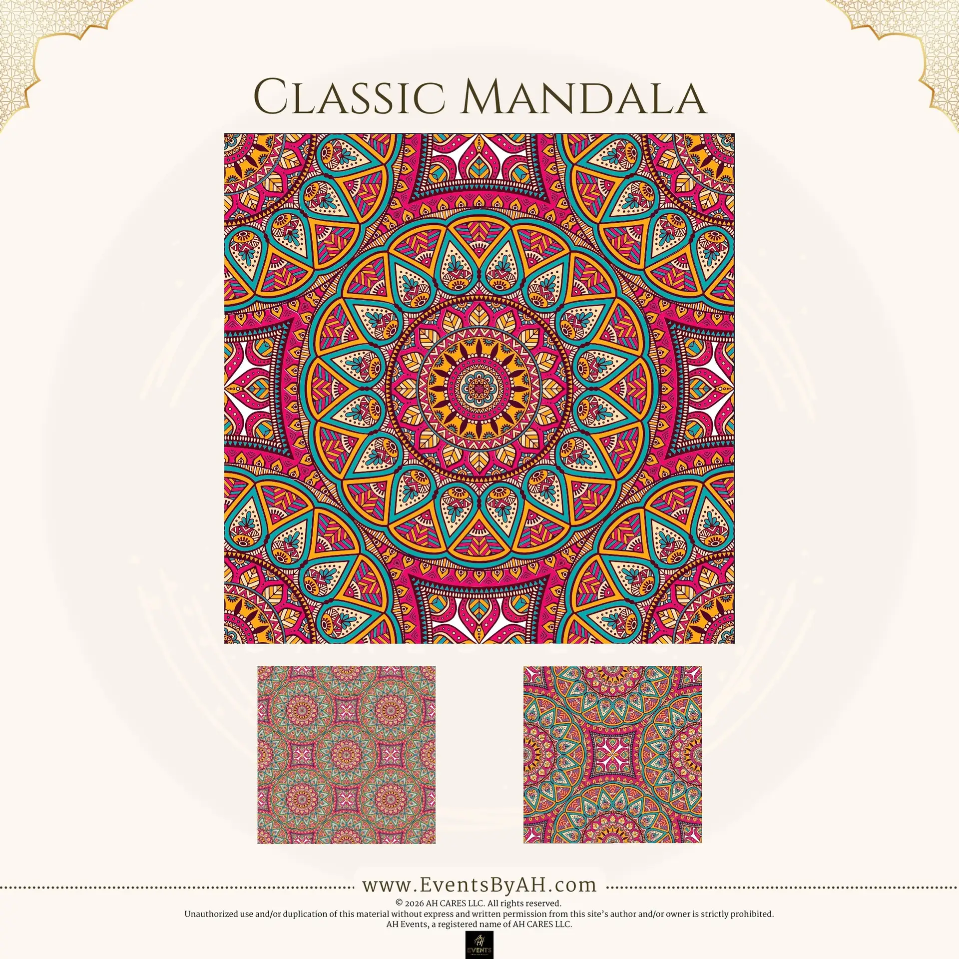 'Classic Mandala' vinyl floor print — a large concentric mandala in magenta and teal, shown with two alternate colorways.