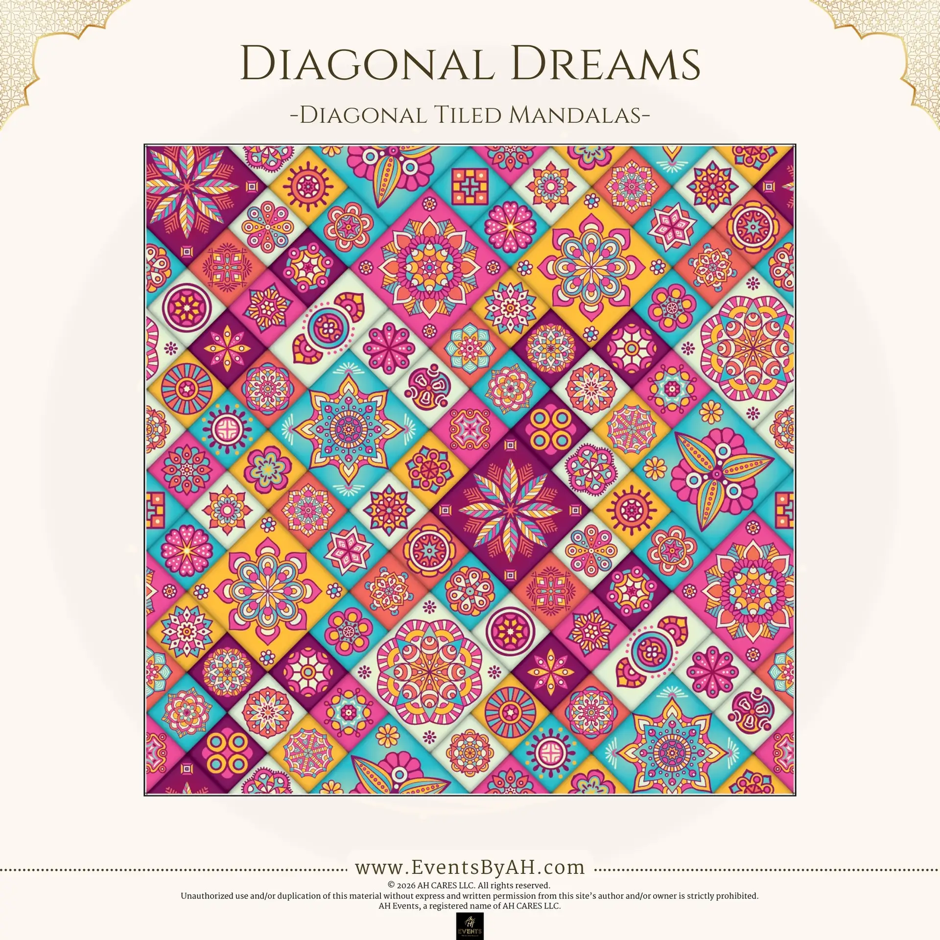 'Diagonal Dreams' vinyl floor print — diagonally-set square tiles each holding a mandala, in vivid pink, turquoise, and gold.