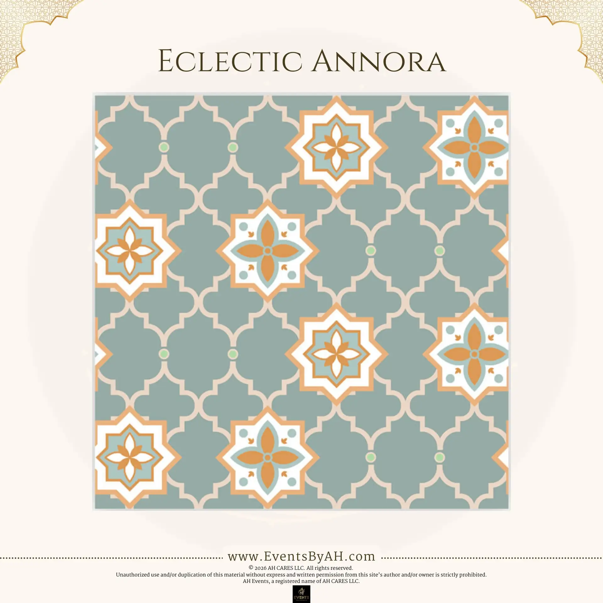 'Eclectic Annora' vinyl floor print — a sage-green Moroccan quatrefoil lattice with orange and cream floral medallions.