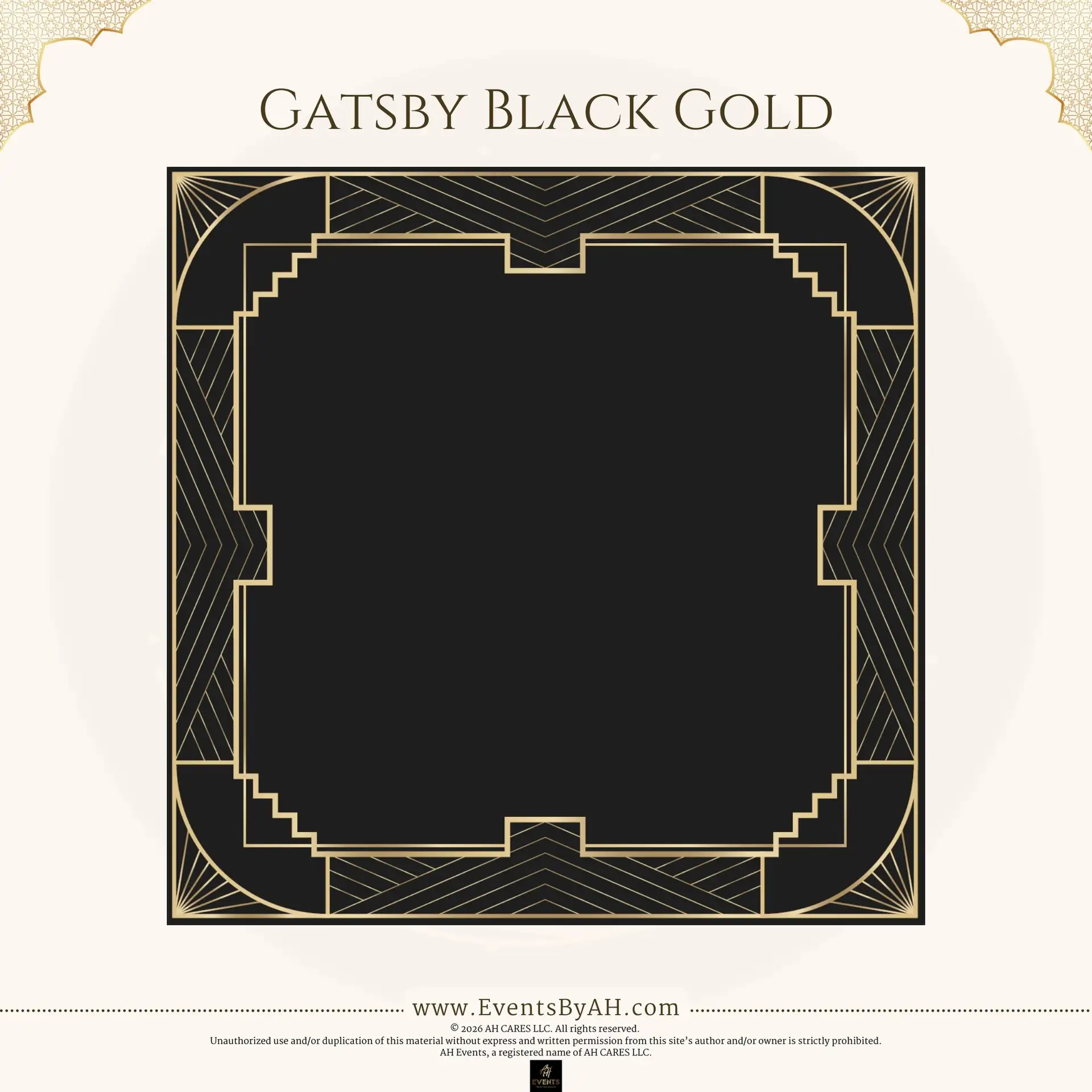 'Gatsby Black Gold' vinyl floor print — an Art Deco black-and-gold border with a stepped frame and sunburst corners.