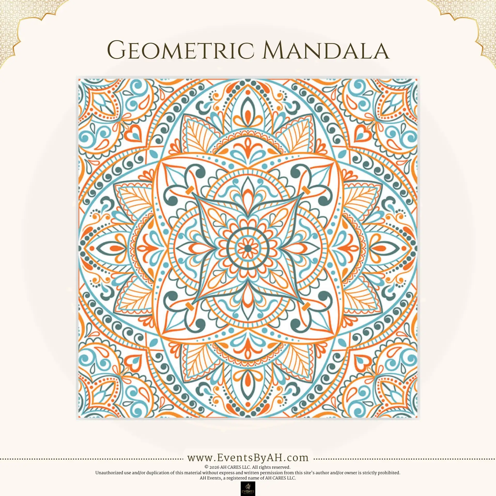 'Geometric Mandala' vinyl floor print — a symmetrical orange-and-teal mandala on a white ground.