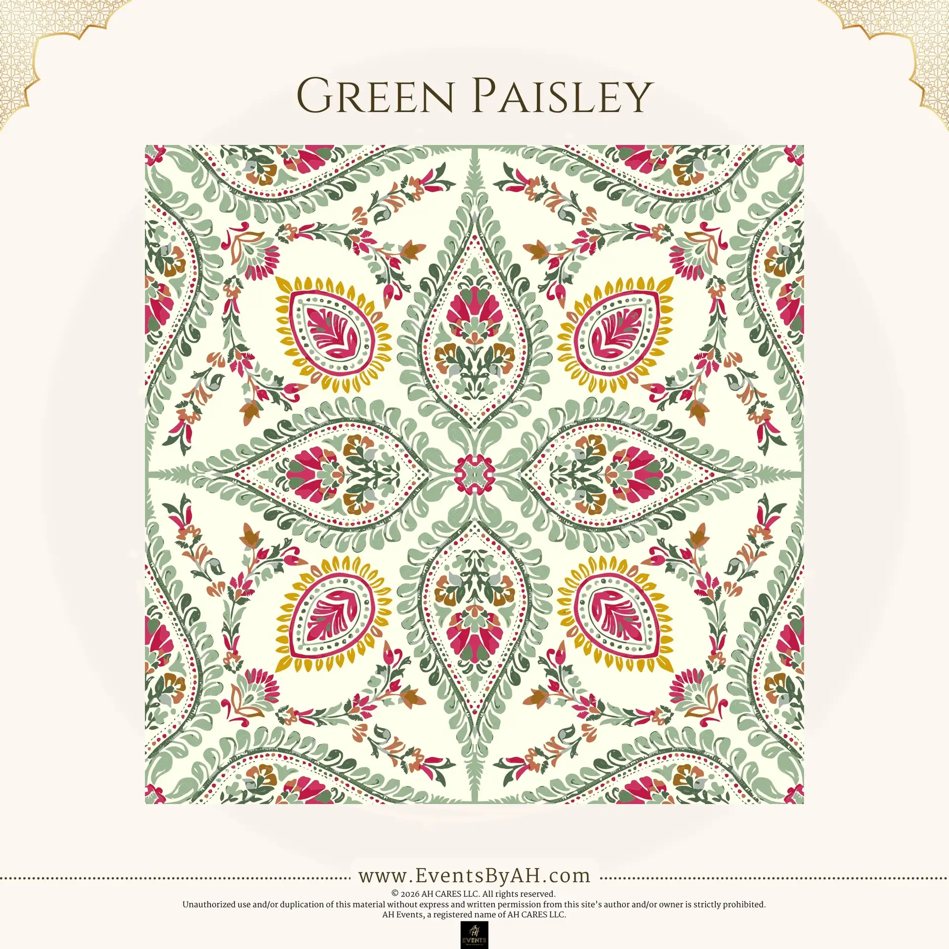 'Green Paisley' vinyl floor print — sage-green paisley vinework with magenta and gold floral accents on a cream ground.