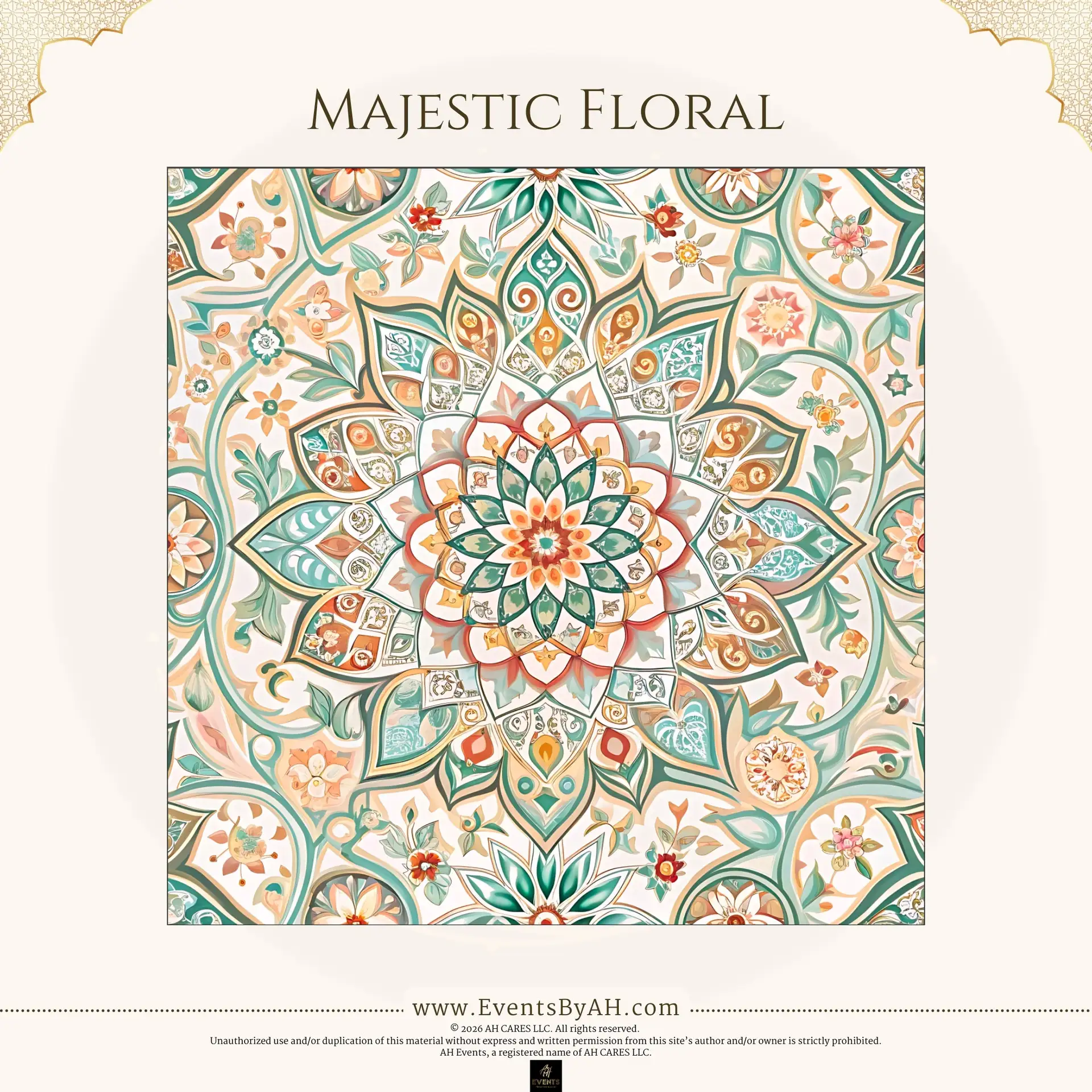 'Majestic Floral' vinyl floor print — an intricate symmetrical floral mandala in teal, coral, and peach on cream.