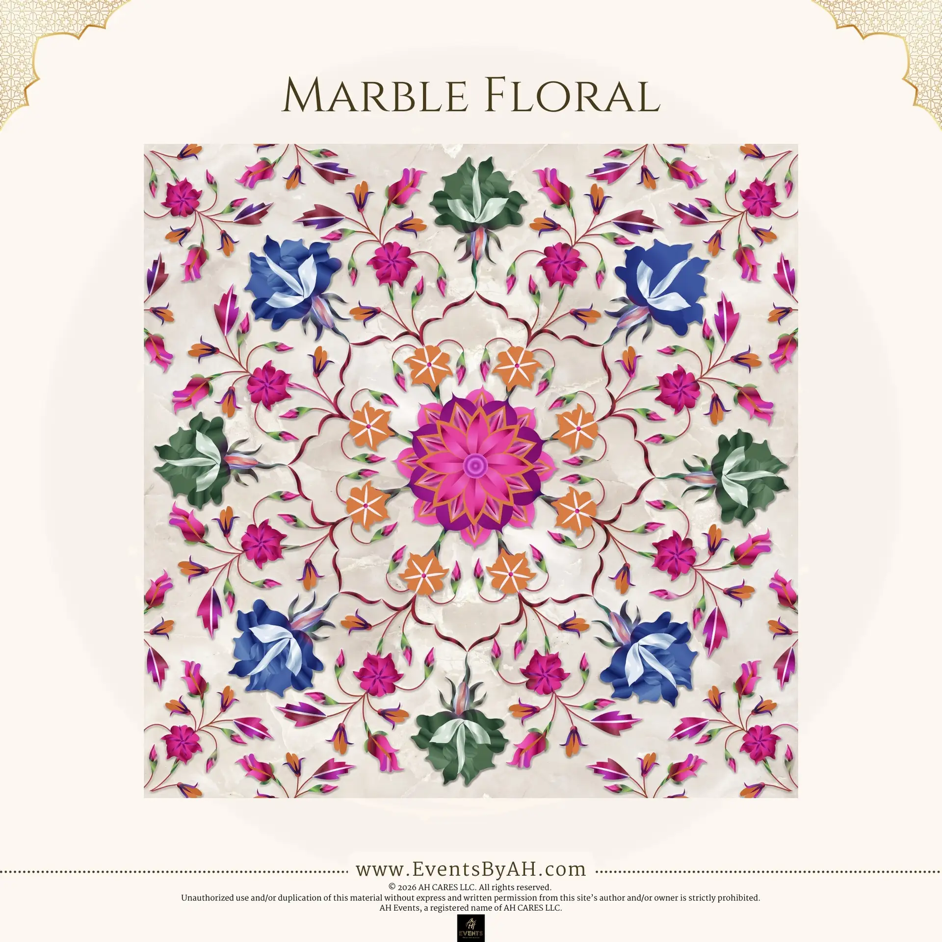 'Marble Floral' vinyl floor print — a symmetrical floral spray of magenta, blue, and green blooms on a cream marble ground.