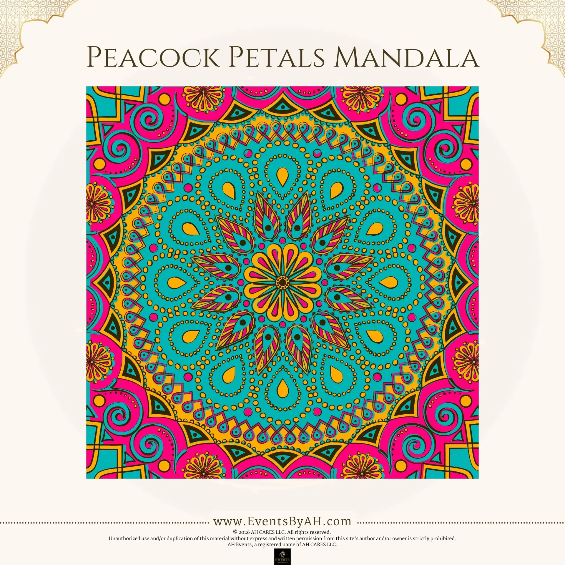'Peacock Petals Mandala' vinyl floor print — a vivid turquoise, magenta, and gold mandala of peacock-feather teardrop petals.