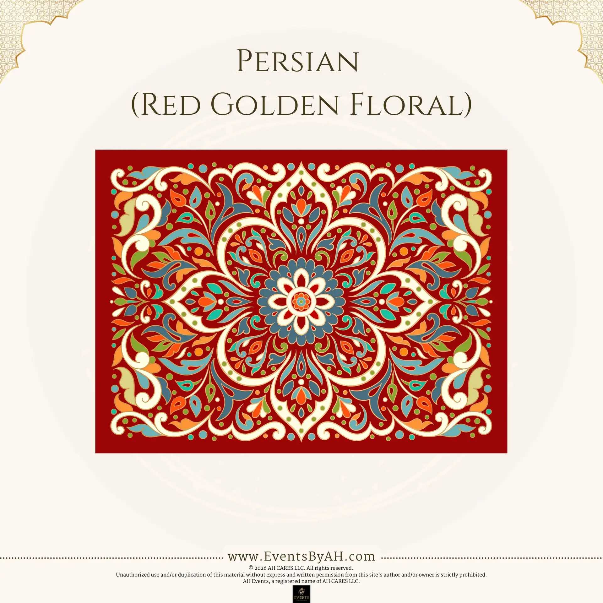 'Persian Red Golden Floral' vinyl floor print — an ornate symmetrical Persian floral medallion in gold, blue, and cream on a deep red ground.