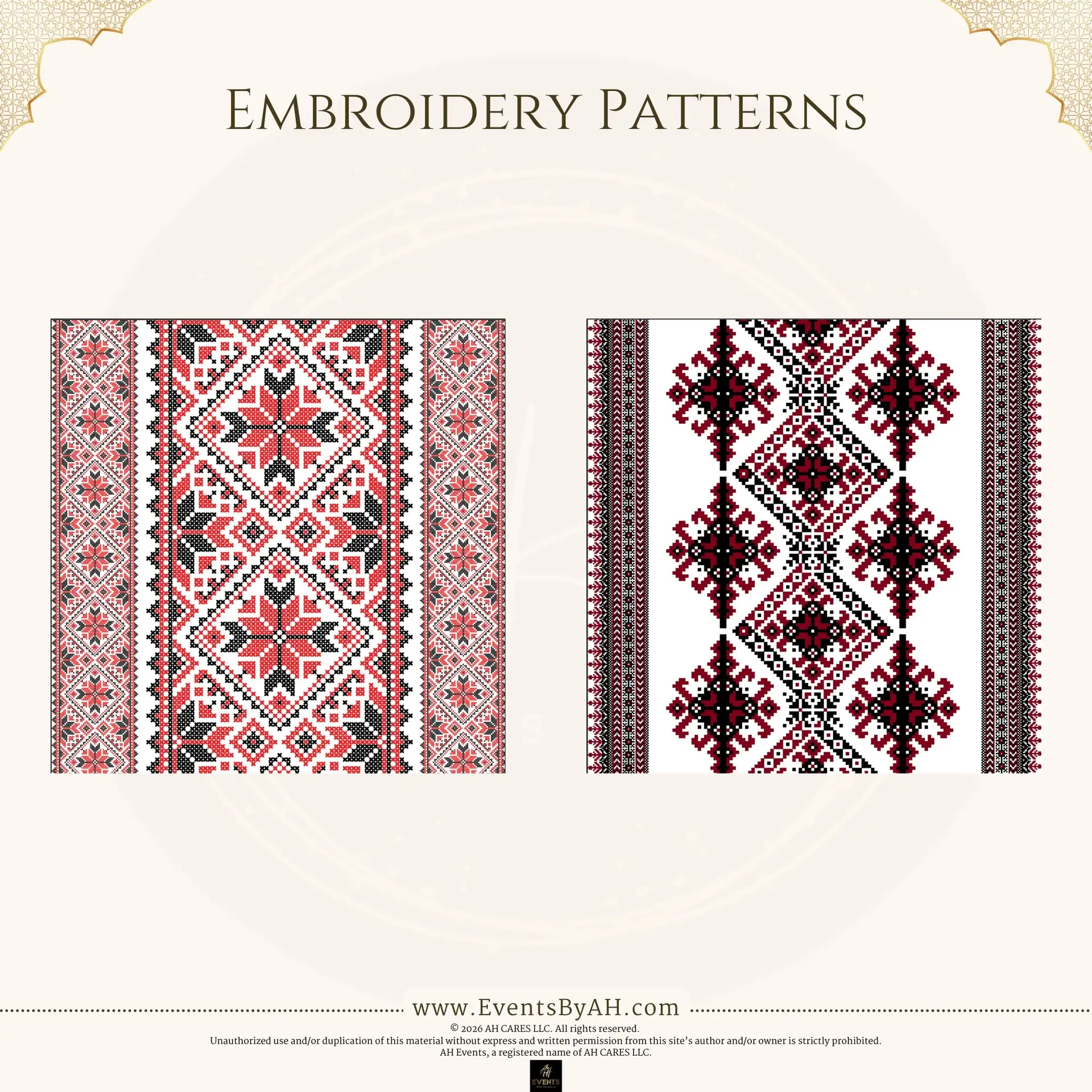 'Embroidery Patterns' vinyl floor print — two red, black, and white folk cross-stitch panels shown side by side.