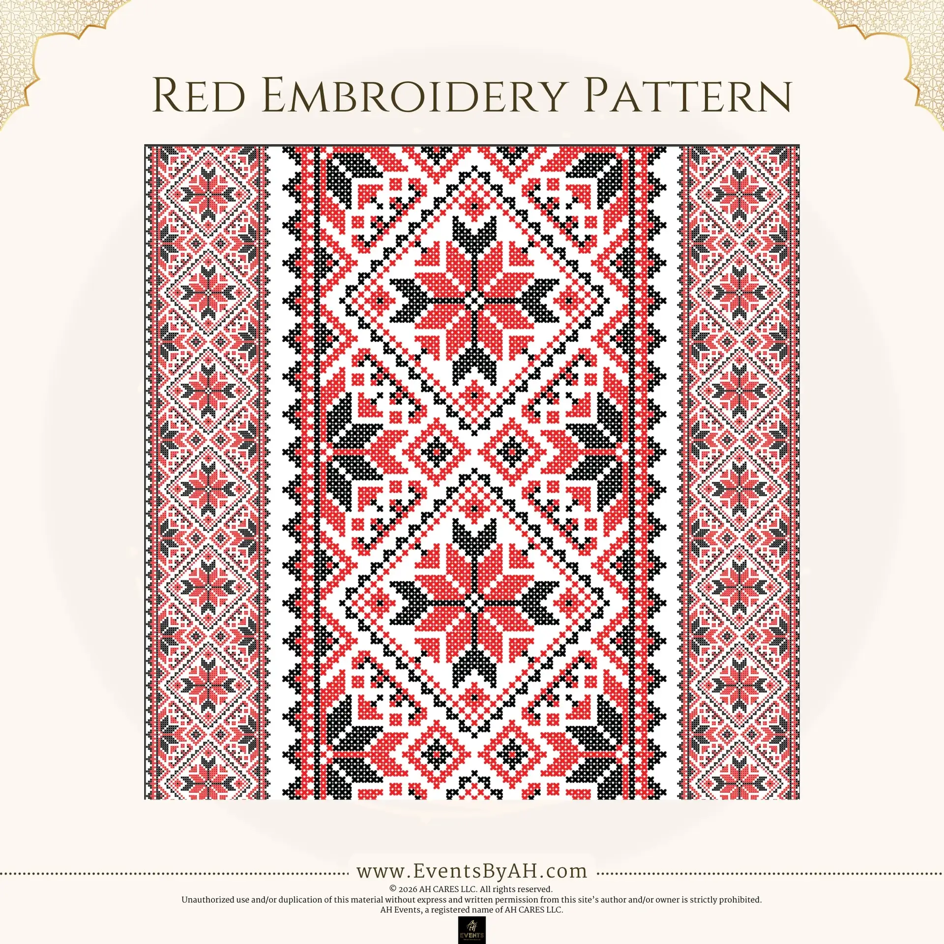'Red Embroidery Pattern' vinyl floor print — red, black, and white folk cross-stitch with diamond star medallions and patterned borders.