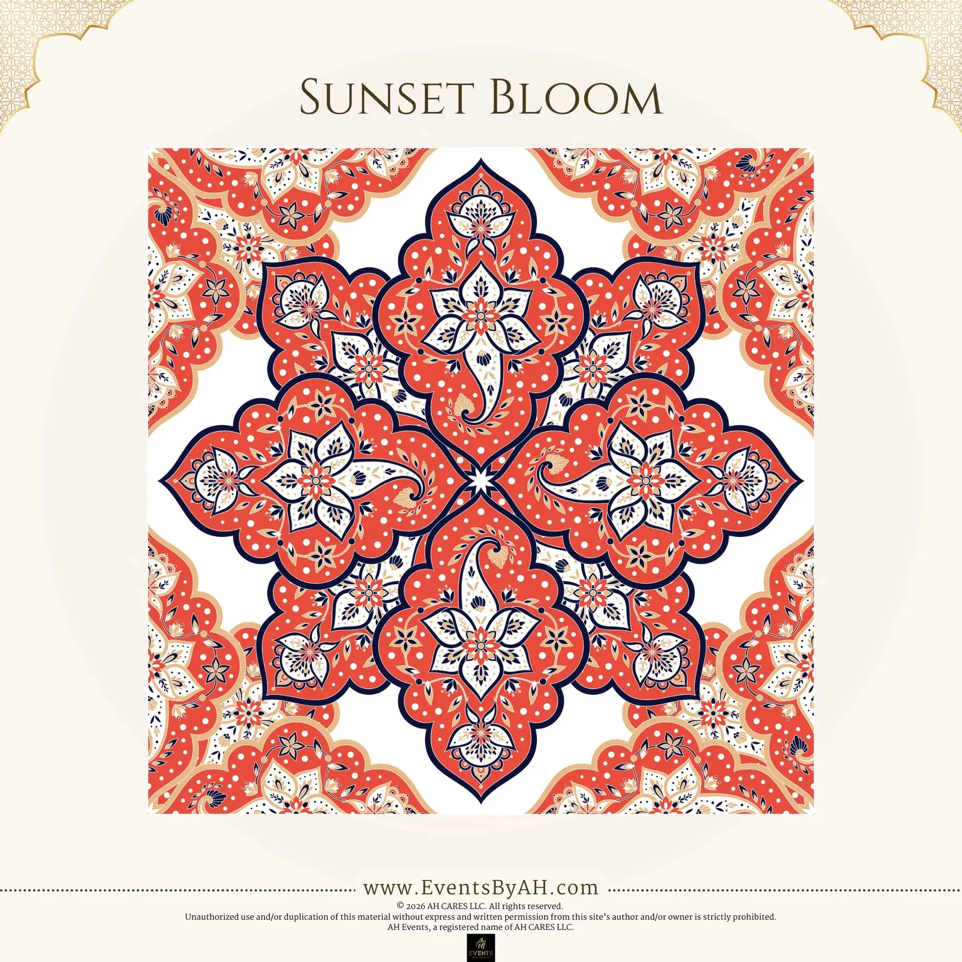 'Sunset Bloom' vinyl floor print — a coral-red and navy Persian floral medallion on a cream ground.