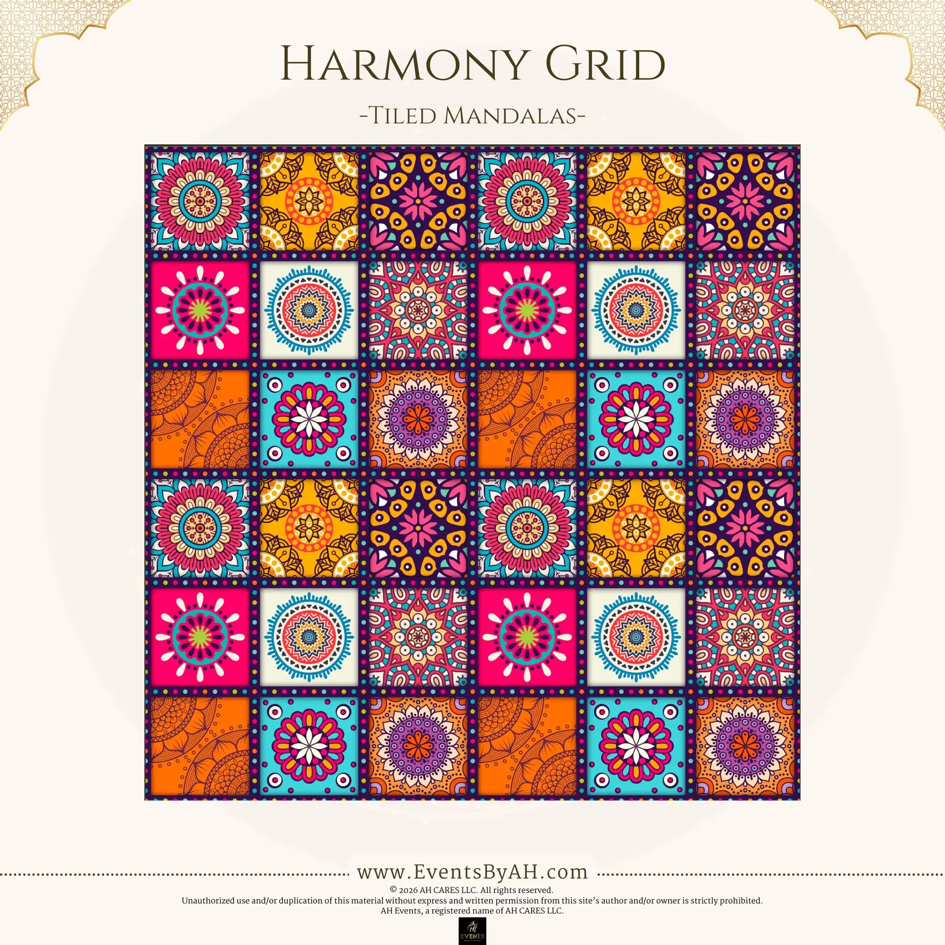 'Harmony Grid' vinyl floor print — a grid of square tiles each holding a different mandala in magenta, orange, blue, and purple.