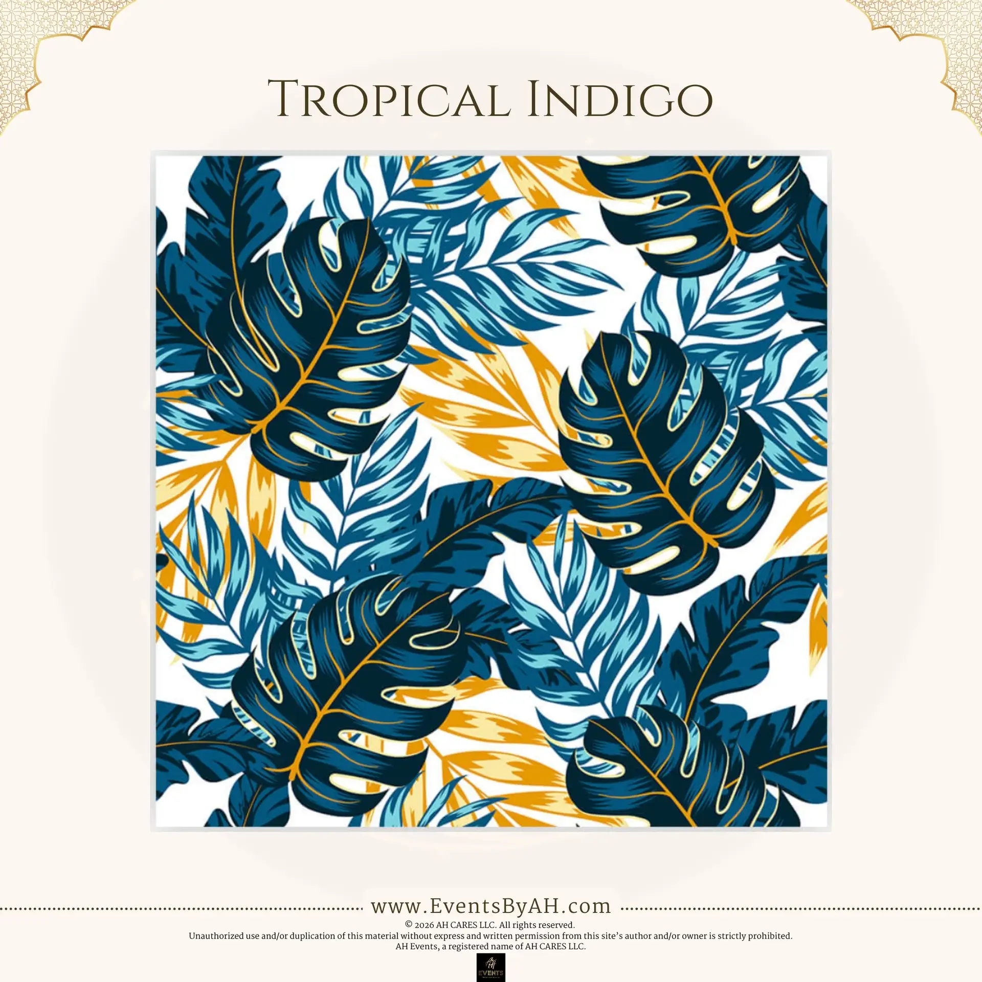 'Tropical Indigo' vinyl floor print — indigo-blue and gold tropical monstera and palm leaves on a white ground.