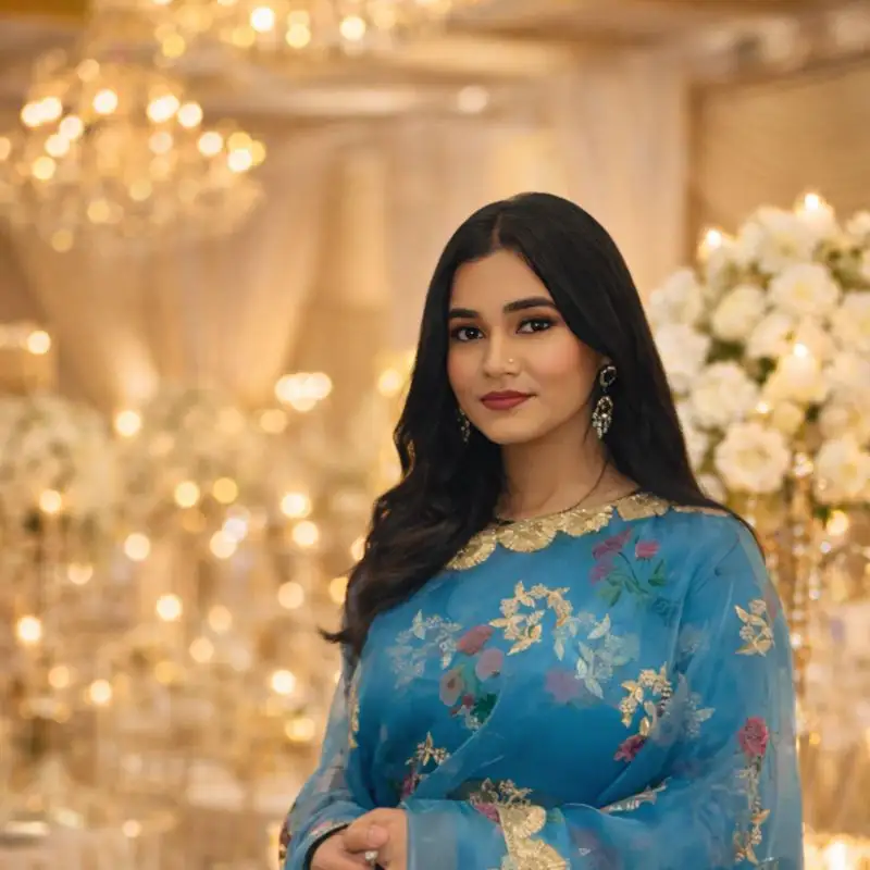 Woman with long dark hair wearing a blue floral traditional outfit with gold detailing, posed indoors.